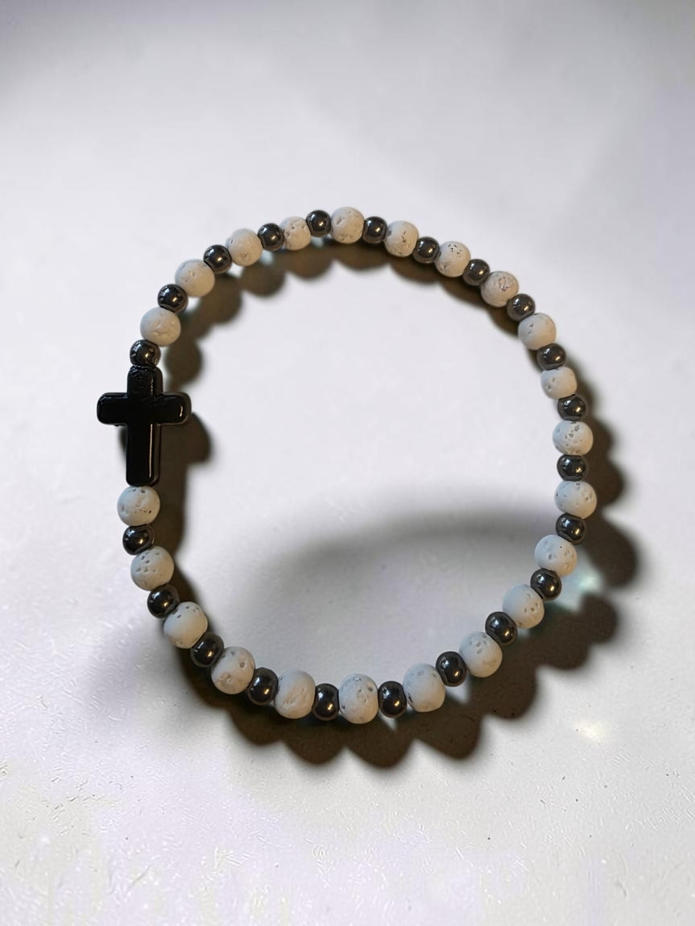 Handcrafted Hematite White Lava Rock Black Cross Stretch Bracelet